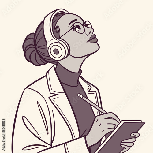 Woman's Thoughtful Contemplation: A stylish woman with glasses, headphones, and a pencil engages in deep thought, her gaze directed towards the upper right