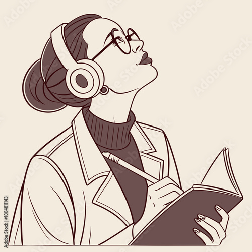 Woman's Thoughtful Contemplation: A stylish woman with glasses, headphones, and a pencil engages in deep thought, her gaze directed towards the upper right