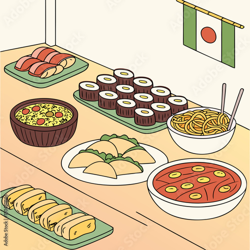 A diverse array of global foods artfully arranged on a spacious table.