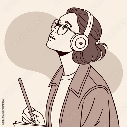 Woman's Thoughtful Contemplation: A stylish woman with glasses, headphones, and a pencil engages in deep thought, her gaze directed towards the upper right