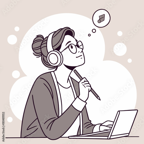 Woman's Thoughtful Contemplation: A stylish woman with glasses, headphones, and a pencil engages in deep thought, her gaze directed towards the upper right