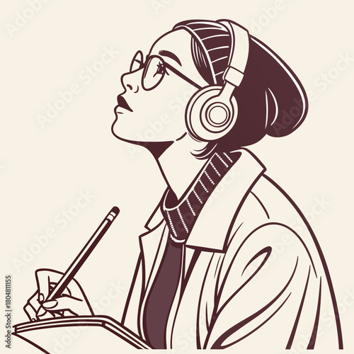 Woman's Thoughtful Contemplation: A stylish woman with glasses, headphones, and a pencil engages in deep thought, her gaze directed towards the upper right