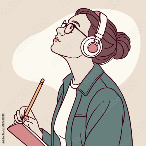 Woman's Thoughtful Contemplation: A stylish woman with glasses, headphones, and a pencil engages in deep thought, her gaze directed towards the upper right