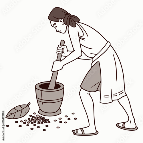 Cavewoman grinding seeds with stone tools, flat illustration.