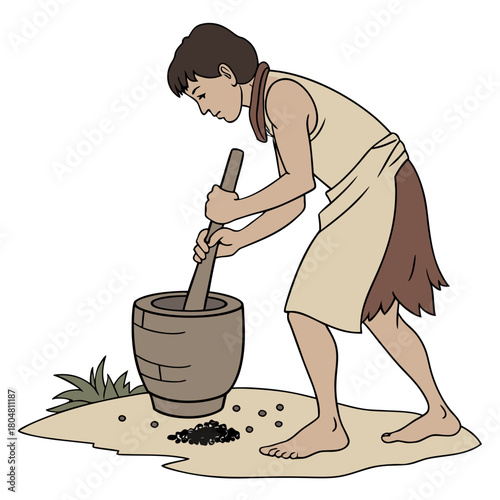 Cavewoman grinding seeds with stone tools, flat illustration.