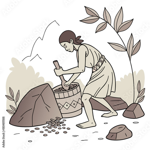 Cavewoman grinding seeds with stone tools, flat illustration.