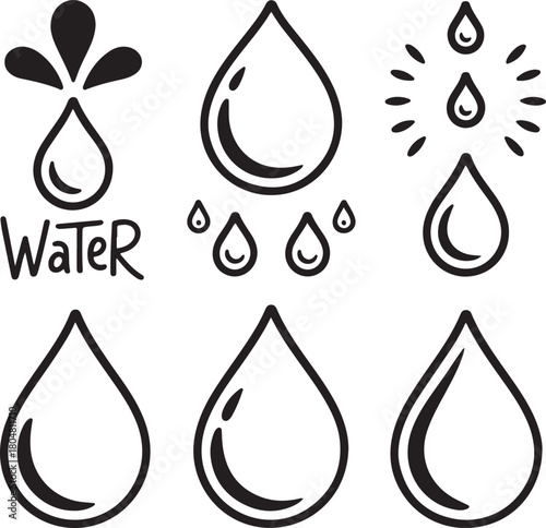 Water drop doodle icon set with splash elements, raindrops and hand-drawn outline droplets for eco, hydration and nature designs