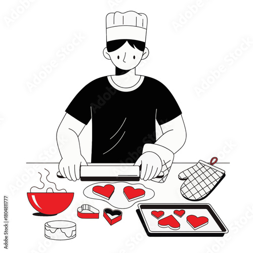 Chef baking heart-shaped cookies for Valentine's Day. Minimalist line art illustration of a person cooking. Vector graphic isolated on a transparent background
