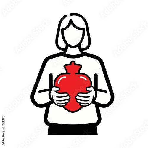 Illustration of a person holding a heart-shaped hot water bottle. Minimalist line art icon for pain relief and self-care. Vector graphic for menstrual health