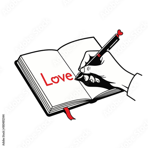Hand writing the word love in a notebook. Romantic line art illustration. Vector graphic for Valentine's Day or journaling