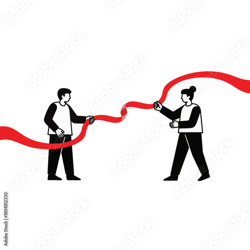 Two people holding a long red ribbon. Flat vector illustration for connection, partnership, or grand opening ceremony concepts.
