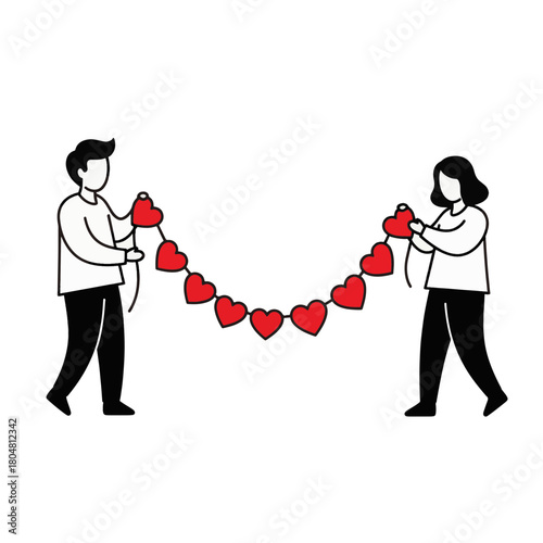 A couple holding a garland of red hearts. Minimalist line art illustration for Valentine's Day. Romantic relationship and celebration vector graphic