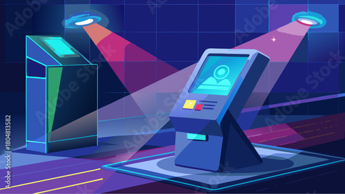 Futuristic self-service kiosk with digital interface and glowing screen in a high-tech environment