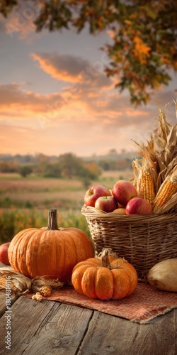 Autumn Harvest Display with Pumpkins and Apples at Sunset