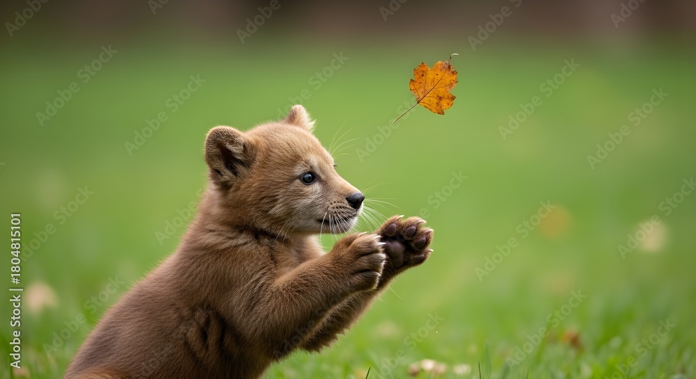 Obraz premium A playful cub batting at a falling leaf with its paw, international cheetah day