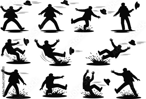Silhouette, person, slipping, falling, puddle, accident, wet, hazard, stumble, splash, motion, safety, humor, impact, danger, balance, unexpected, misstep, injury, expressive