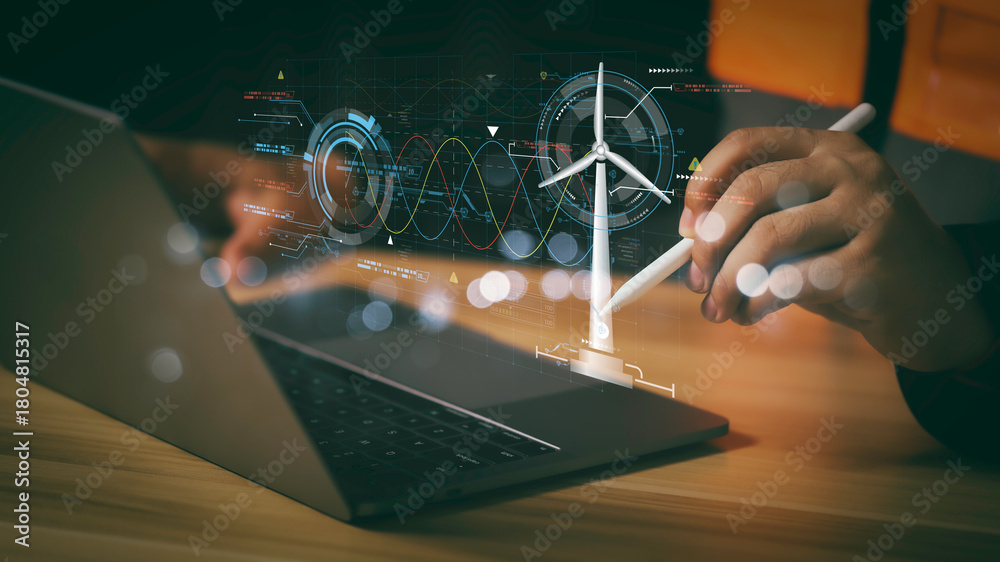 © PRIM - Engineer using digital tablet to analyze renewable energy data with wind turbine model and futuristic interface, representing smart technology innovation in sustainable power solutions.