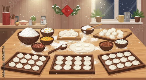 Traditional Chinese dumplings are prepared on a wooden kitchen table with various ingredients and trays of food in a festive winter illustration
