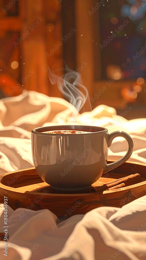 Fototapeta premium Warm coffee cup on cozy blanket.