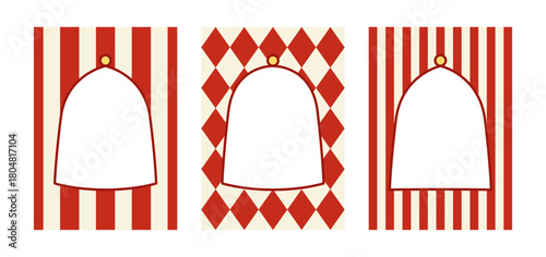 Set of abstract festival geometric frames in circus concept. Vector backgrounds with red stripes and rhombuses. Holiday designs for birthday, christmas, holiday greeting cards and invitations