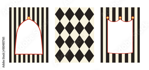 Set of abstract festival geometric frames in circus concept. Vector backgrounds with black stripes and rhombuses. Holiday designs for birthday, christmas, holiday greeting cards and invitations