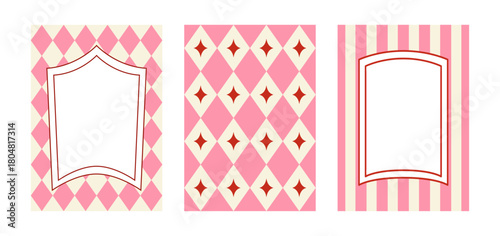 Set of holiday greeting cards and backgrounds. Hand drawn frames on striped and rhombuses backgrounds. Vector flat festival circus design for birthday cards, christmas holiday invitations, etc.