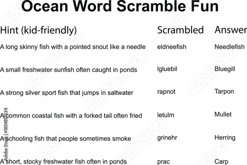 A kid-friendly word scramble puzzle with ocean-themed words and their unscrambled answers.
