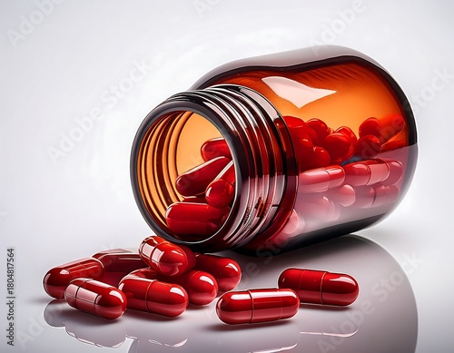 Amber bottle with red pills spilling over a white backdrop