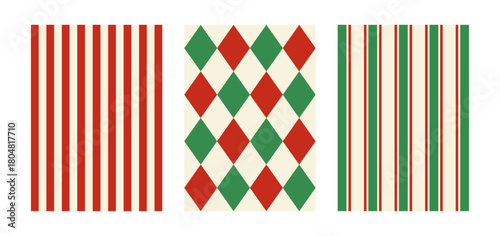 Set of abstract holiday christmas vector backgrounds with striped and rhombus checkered pattern. Templates for greeting cards, posters, social media designs