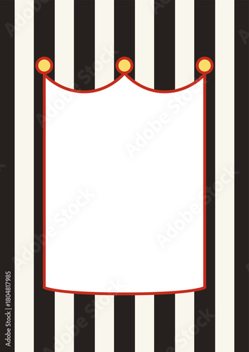 Holiday greeting card template with frame. Vector flat circus design with striped background. Festival clipart for birthday cards, christmas holiday invitations, etc.