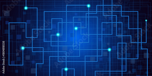 Architecture ai blue web banner. Innovation smart city technology background. Future urban architecture neon light buildings vector. Digital futuristic intelligence high tech town design banner.