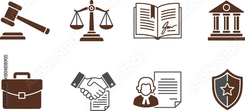 Collection of legal and justice icons representing law, fairness, and legal proceedings.