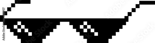 Pixel sunglasses icon, retro pixelated glasses meme and cool accessory vector illustration, black flat style design, digital 8-bit shades set on transparent background