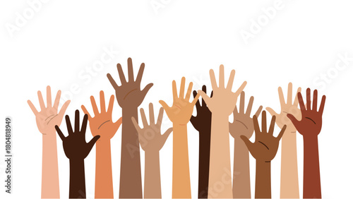 Diverse hands reaching upwards together