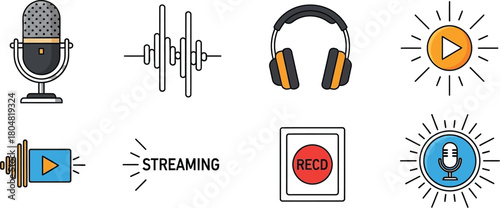 Collection of audio and video icons for podcasting and streaming