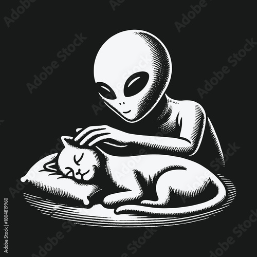 Monochrome Illustration of an Alien Petting a Sleeping Cat.