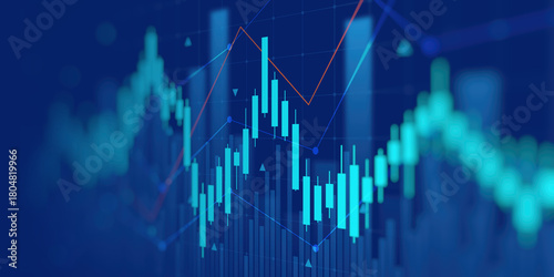 financial chart with uptrend line candlestick graph in stock market on blue color monitor background