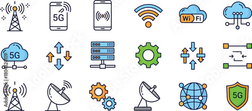 Modern technology icons symbolizing 5G network connectivity, cloud computing, and digital data transmission