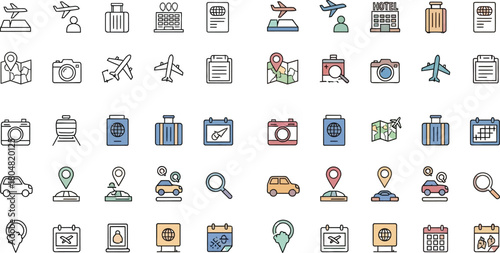 Colorful travel and vacation icons illustrating journey planning and activities