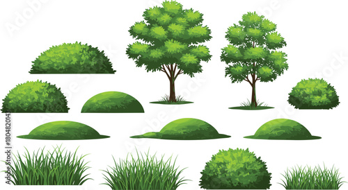 Green vegetation illustration, leafy trees, decorative bushes, grass patches, natural plants, landscape design, botanical artwork, vibrant foliage, environmental nature elements