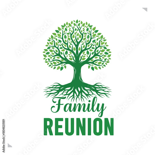 Green tree of life with 'family reunion' text below