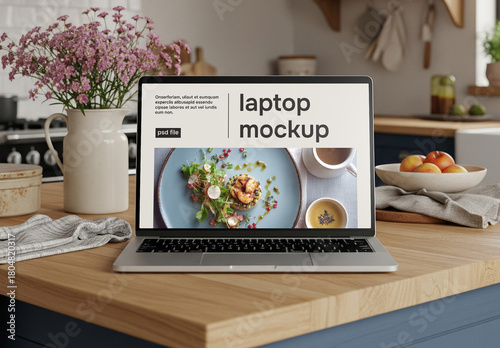 Laptop Mockup in Modern Kitchen – Ideal for Restaurant Websites & Food Blogs