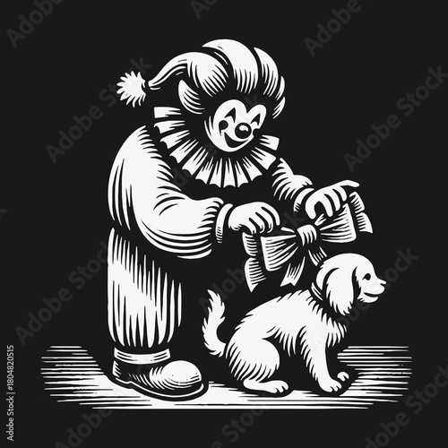 Vintage style clown tying a large gift bow on a small puppy dog.