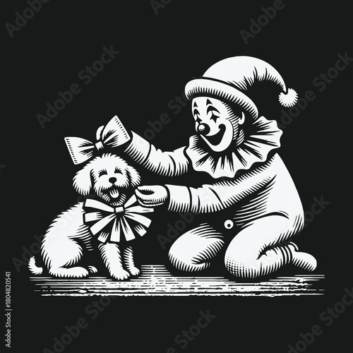 Vintage black and white illustration of a clown dressing a cute dog.