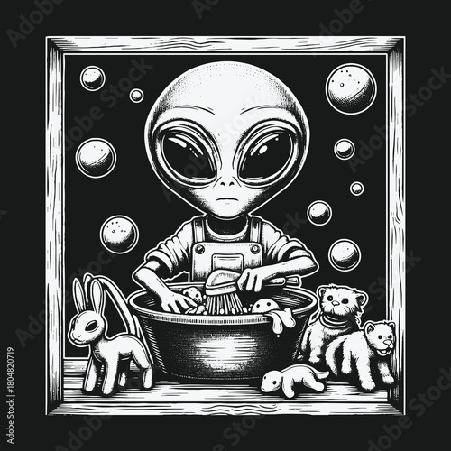 Whimsical Grey Alien Child Washing Animal Toys in a Basin.