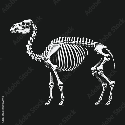 Anatomical illustration of a complete camel skeleton on a black background.
