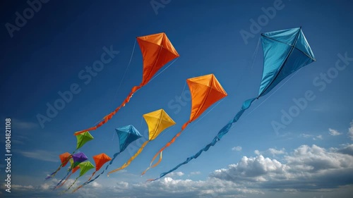 Colorful kites soar in a vibrant blue sky