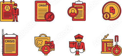 Set of icons representing crisis management, personnel, and documentation