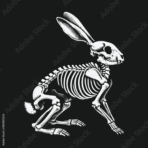 Anatomical illustration of a rabbit skeleton on a black background.