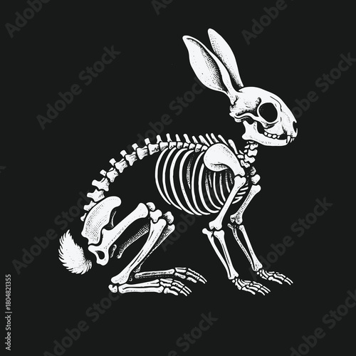 Anatomical illustration of a complete rabbit skeleton on a solid black background.